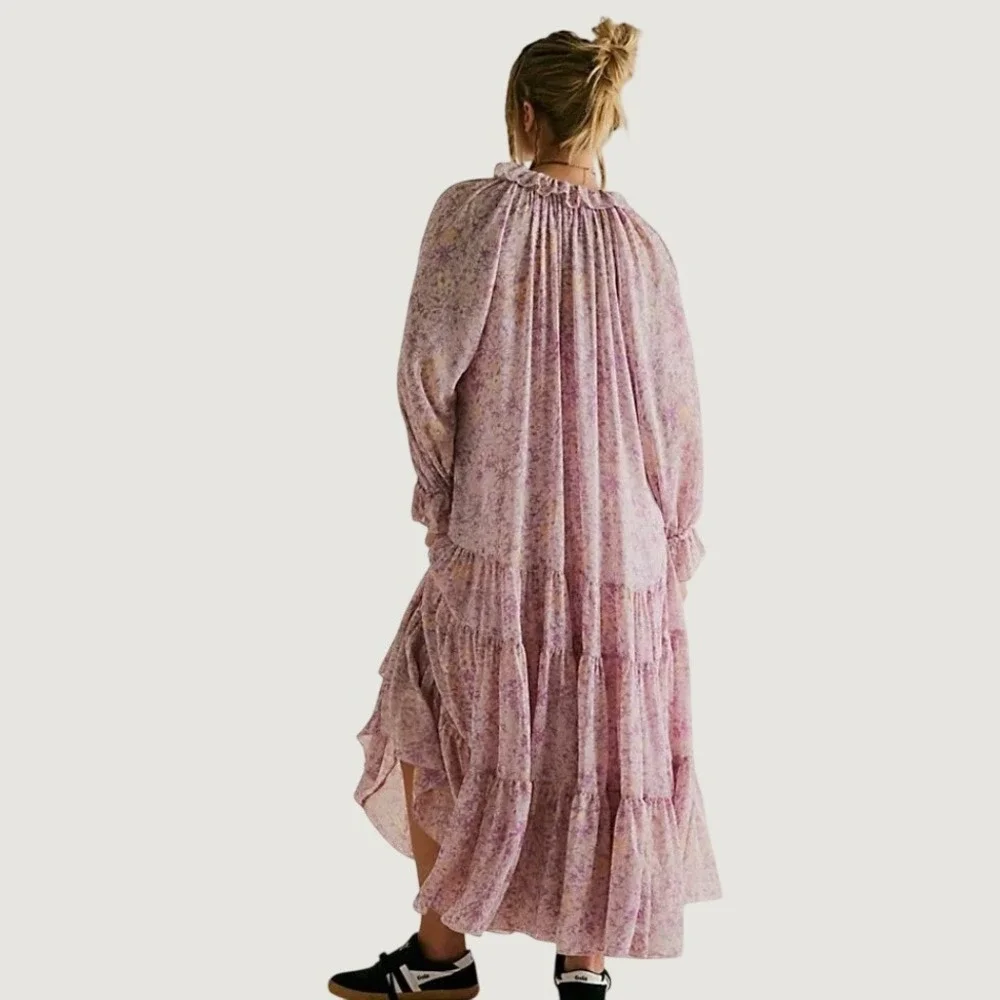 Free People Lavender Floral Tiered Boho Maxi Dress Long Sleeve Ruffle Neck XS - Picture 2 of 12